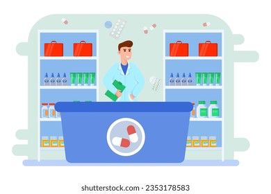 Warenkorb für den Kauf von Medikamenten in Apotheke Vektorgrafik. Freundlicher Apotheker, der die Tabletten verkauft und den Kunden bei der Wahl der Behandlung mit einem Rezept hilft. Pharmazie, Medizin, Gesundheitswesen