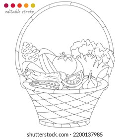 Basket with cabbage, cucumbers, tomatoes and corn. Autumn collection. Relaxation coloring template. Editable vector illustration.