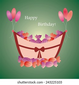 Basket with candies, balloons and happy birthday message