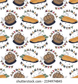 Basket and Carrot. Seamless pattern on a white background. Cute vector illustration.