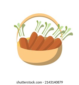 Basket with carrots in flat style on a white background. Illustration on the theme of gardening, vegetable shops, healthy food, home grown vegetables. For advertising, books, organic food, app icon. 