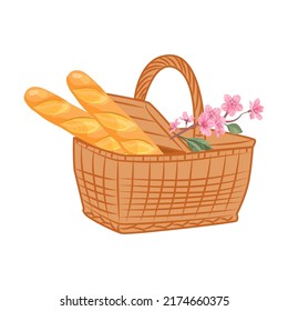 Basket with cheese, wine, baguettes. Colorful of picnic basket full of delicious food. Cartoon vector illustration. Food, picnic, rest