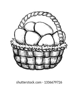 Basket with chicken eggs. Vector illustration on white background.