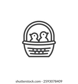 Basket with Chicks line icon. linear style sign for mobile concept and web design. A woven basket with small chicks outline vector icon. Symbol, logo illustration. Vector graphics