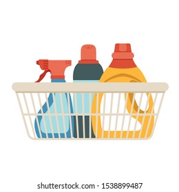 Basket for cleaning with detergents and disinfectants. Vector easily editable illustration on a white background.