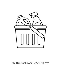 Basket for cleaning with detergents line icon. linear style sign for mobile concept and web design. Household cleaning products outline vector icon. Symbol, logo illustration. Vector graphics.