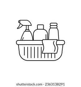 Basket for cleaning with detergents vector icon. Laundry wash and cleaning detergent bottle, bleach and folded clothes icon on white background..eps