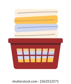 basket with clothes. laundry cleaning concept, dirty or clean towels in plastic basket. vector cartoon illustration