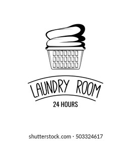 Basket of clothes. Laundry Room. Dry Cleaning label. Vector Illustration. Isolated On White