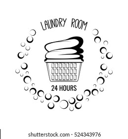 Basket With Clothes. Laundry Room Vintage Label Badge. Vector Illustration