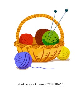 basket with colored balls of yarn and knitting needles