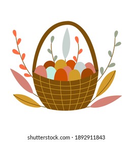 Basket with colored Easter eggs. Willow twigs and leaves. Traditional food and symbol for the Orthodox and Catholic holidays. Happy Easter. Colorful cartoon vector illustration isolated card