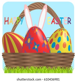 A basket with colored eggs with bunnies ears. Vector illustration