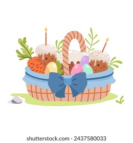 Basket with colored eggs and cake. Happy Easter vector illustration. Spring mood drawn elements. Traditional religious sweet pastries. Festive illustration for invitation, postcard, Social media.