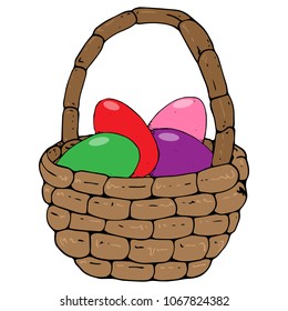 Basket with colored eggs icon. Vector of a wicker basket with painted eggs for easter. Hand drawn basket with colored eggs.