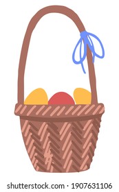 Basket with colored eggs isolated on white background. Hand drawn vector illustration. Colored cartoon doodle. Single drawing for Easter. Element for design, print, sticker, postcard, decoration, wrap