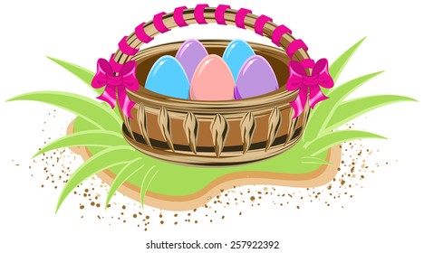 Basket with colored eggs is standing on green grass. Illustration in vector format