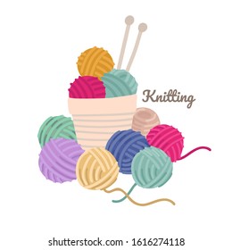 Basket with colored yarn balls and knitting needles. Knit clip art. Vector cartoon illustration. Isolated on white background.