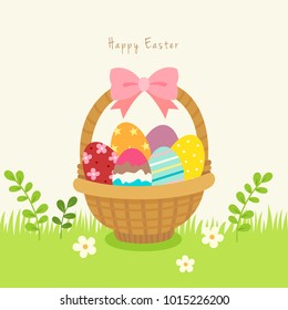 Basket with colorful Easter eggs above the grass and flowers background