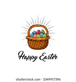 Basket with colorful Easter eggs in beams. Greeting card. Vector. Happy Easter inscription text lettering.