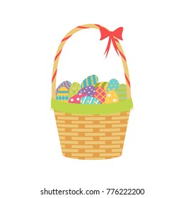 Basket with a colorful Easter eggs in flat design isolated on a white background, vector illustration.