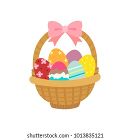 Basket with colorful Easter eggs on a white background