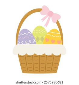 basket with colorful easter eggs on white background