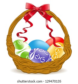Basket of colorful easter eggs with ribbon