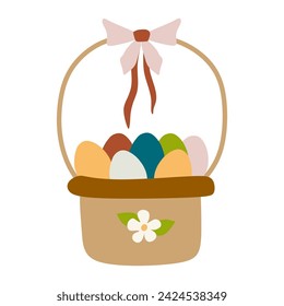 Basket with colorful Easter eggs and Ribbon Bow on white background. Vector Flat or Cartoon Holiday Illustration for Greeting Card, Poster, Banner, Invitation. Celebration Design Element, Graphic Art