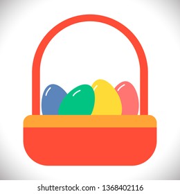 Basket with colorful Easter eggs. Single flat icon on white background. Easter symbol flat vector illustration