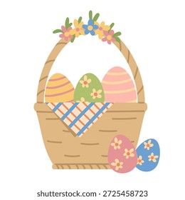 Cesta de ovos de Páscoa coloridos cercados por flores. Ilustração desenhada à mão em estilo plano. Feliz Páscoa.