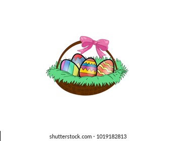 Basket With Colorful Easter Eggs - Vector Image