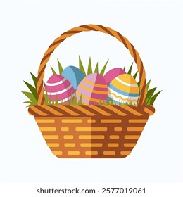 Basket with Colorful Easter Eggs. Wicker basket filled with colorful speckled Easter eggs isolated on white background. Holiday Easter food illustration. For greeting card, invitation, poster, print.