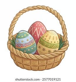 Basket with Colorful Easter Eggs. Wicker basket filled with colorful speckled Easter eggs isolated on white background. Holiday Easter food illustration. For greeting card, invitation, poster, print.