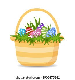 Basket with colorful happy Easter eggs and grass. Vector illustration isolated on white background
