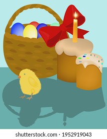 A basket with colourful eggs, two easter cakes, a burning candle and a chicken. An Easter celebration concept.