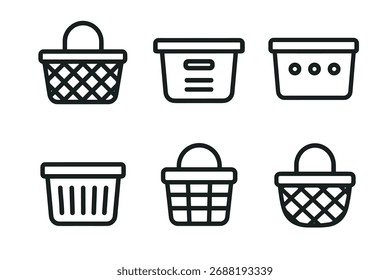 Basket and container icon set. Vector line art symbols of storage and picnic