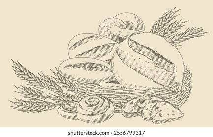 A basket containing rustic bread and wheat ears, in the style of an engraving.
