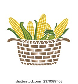 basket with corn cobs isolated on white background