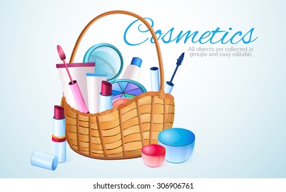 Basket with cosmetics, toiletries, makeup, lipstick, cream, mascara, mirror, glitter, glamor
