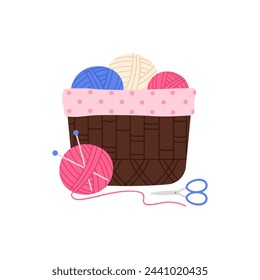 Basket with cotton knitting. Yarn basket, handmade hobby, handicraft instruments cartoon vector illustration