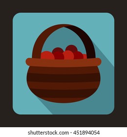 Basket with cranberries icon in flat style on a baby blue background