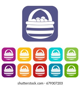Basket with cranberries icons set vector illustration in flat style In colors red, blue, green and other