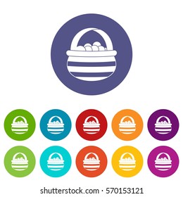 Basket with cranberries set icons in different colors isolated on white background