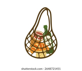 Basket with croissant, cheese, bottle of olive oil, jamon Italian Food Items Theme. Hand-drawn vector illustration