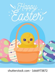 basket with cute chicken and easter eggs over blue background, colorful design, vector illustration