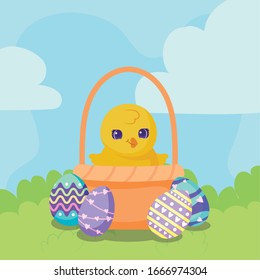 basket with cute chicken and easter eggs over landscape background, colorful design, vector illustration