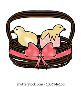 basket with cute chickens  icon