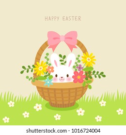 Basket with cute rabbit and flowers on grass background