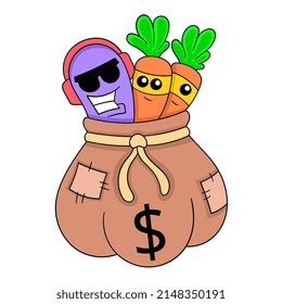 a basket of cute-faced carrots, vector illustration art. doodle icon image kawaii.